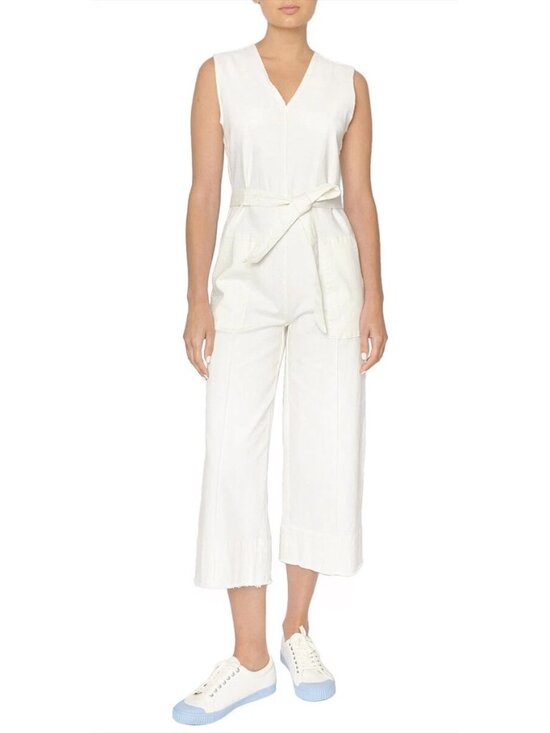 Caara Pants - Caara White Cotton Canvas Jumpsuit with Belt
